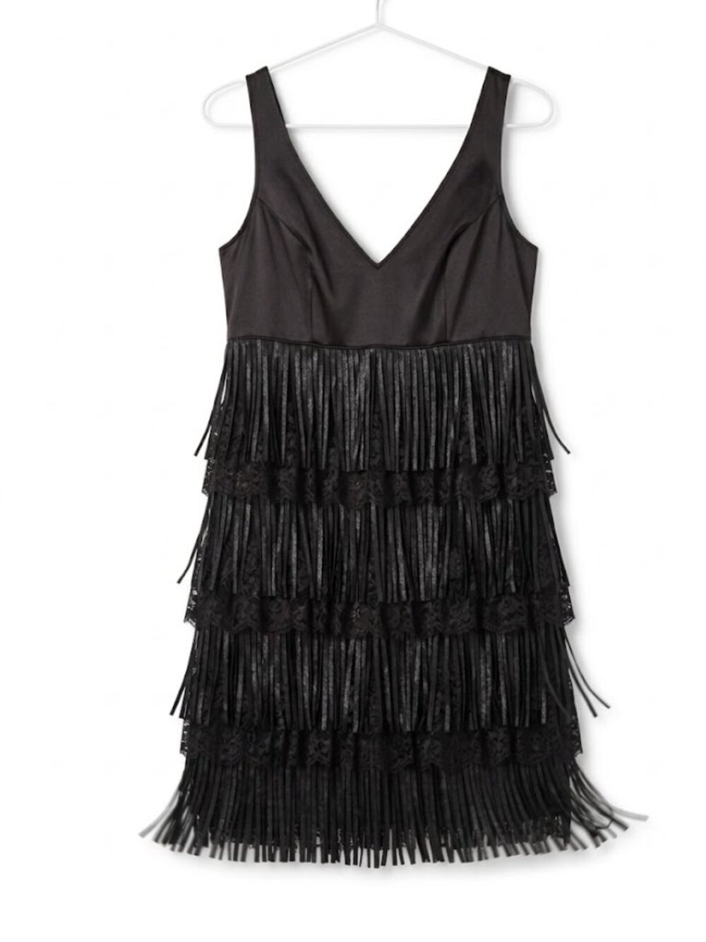 Black Fringe Dress Lace Textured Cocktail Party Mini Dress Maria Bianca Nero XS